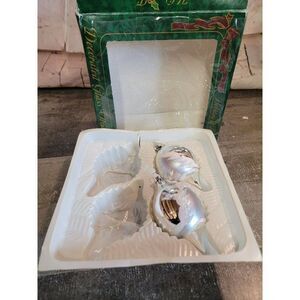 Holiday time blown glass Silver ornament Tree glitter snowflake Xmas decor